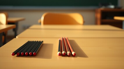 A classroom desk holds neatly arranged sharpened pencils, with soft focus on an empty chair nearby.