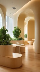 Light-filled, modern interior with curved wooden seating and arched walls.  Plants are displayed in large planters.  Natural light streams in through large windows