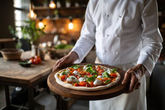 Italian chef wearing a white coat preparing a round pizza on a wooden board