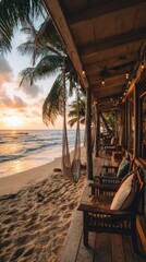 Tropical beachside sunset view from a wooden deck with hammocks
