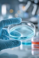 Scientist hand in blue glove holding a petri dish with blue liquid and bubbles in a laboratory setting, performing research and experiment.