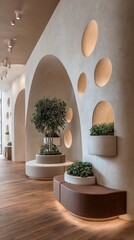 Beige arches, recessed lighting, plants, modern interior