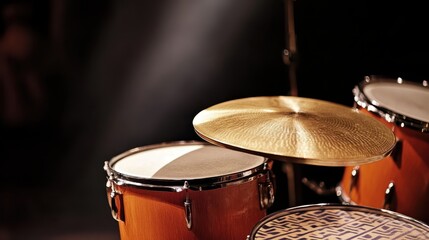 Obraz premium Close-Up View of a Drum Set with Shimmering Cymbals in Focus