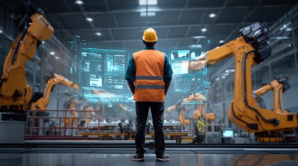 Engineer in industrial control room managing digital twin of robotic assembly process, interface glowing, clear space for overlay