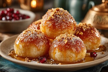 Delicious golden sweet dumplings with syrup and nuts, a traditional dessert, perfect for Ramadan or celebrations.