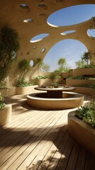 Sunlit, airy rooftop garden, with organic shapes