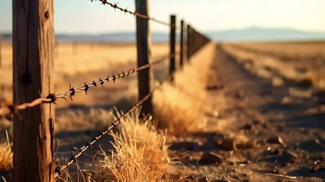 POV of rustic barbed wire fence in dry, golden field at sunset, leading off into vast, blurred plains. Captures rural solitude & boundary.