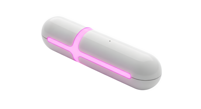 White capsule shaped device with pink light emitting diode for technology and medical applications on transparent background