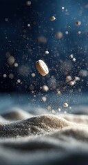 Light beige pill in mid-air, surrounded by flour dust, dark blue background