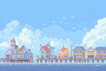 Fototapeta premium Coastal Town Pixel with Piers and Seagulls
