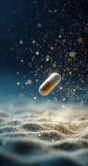 Floating pill, shimmering particles, dark background