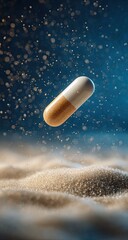 A tan and white capsule floats amidst a cloud of light beige sand or powder, against a dark blue background dotted with shimmering particles