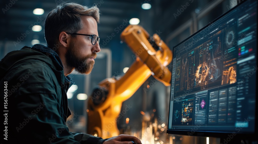 Wall mural factory control manager monitoring real-time robot arm precision during digital manufacturing proces