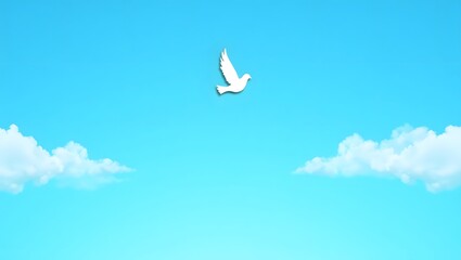 Minimalist White Dove Flying Peacefully in Bright Blue Sky with Clouds