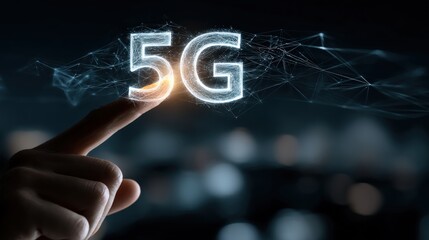 Futuristic finger interacting with mobile wireless network grid, 5G LTE signals and cloud fintech data, blank area on right