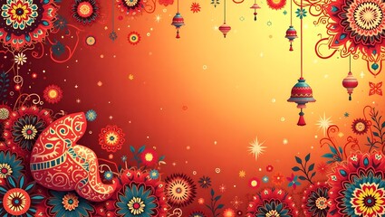 Festive Decorative Floral Background with Hanging Lanterns and Colorful Ornaments Design