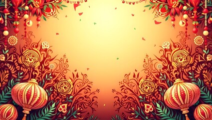 Festive Decorative Floral Background with Hanging Lanterns and Colorful Ornaments Design