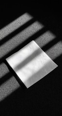 A blank sheet of paper sits on a dark surface, illuminated by angled sunlight, casting strong shadows