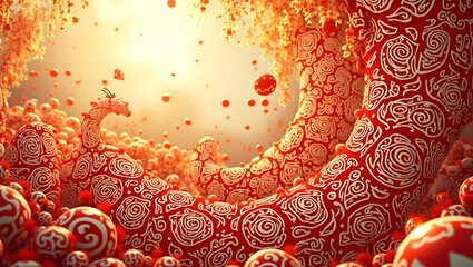 Colorful Floral Mandala Design with Ornamental Decorations on Warm Red Background