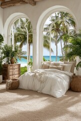 Coastal bedroom, cream bedding,  ocean view