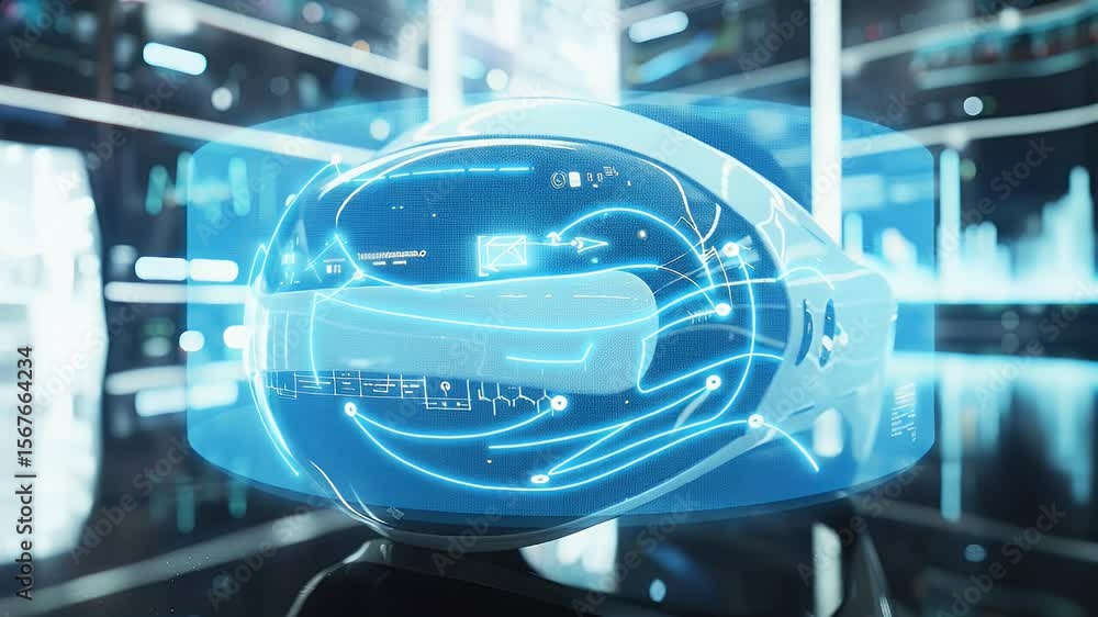 Poster futuristic vr headset with glowing blue accents and data visualizations. high-tech design set agains