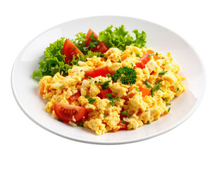 Fresh scrambled eggs with tomatoes and herbs served on white plate with salad garnish on transparent background