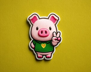 A cute little pig making a peace sign with simple lines, on a yellow-green background, with simple lines and a cute style, suitable for sticker design, in pink color.