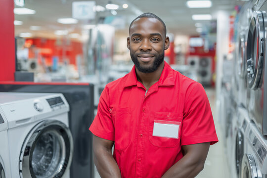 A man in a red shirt stands in front of a row of washing machines