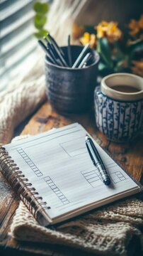 A notebook and pen sit next to a cup of coffee, ideal for writing or drawing