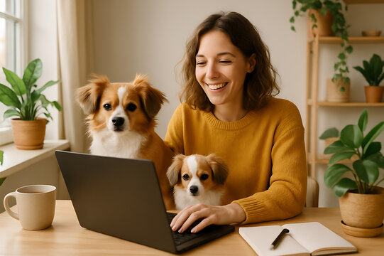 Happy young woman working on laptop with her golden retriever dog beside her