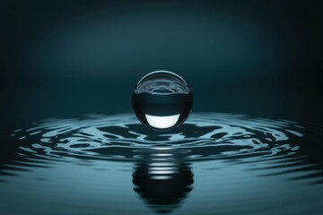 A photograph of a single glistening water droplet suspended in mid air against a deep, dark background