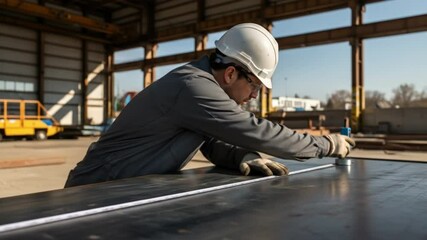 Fabricator measuring sheet metal within workshop