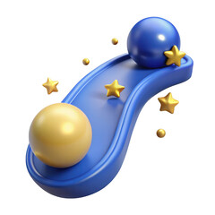3d blue slide with golden spheres and stars isolated on transparent background
