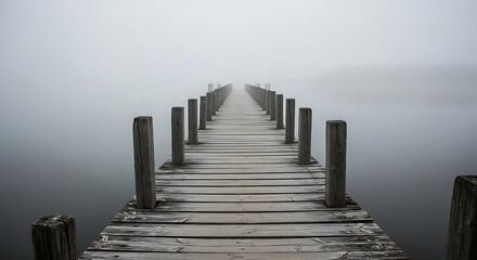 Obraz premium Mystical wooden pier disappearing into dense fog over tranquil waterscape photo