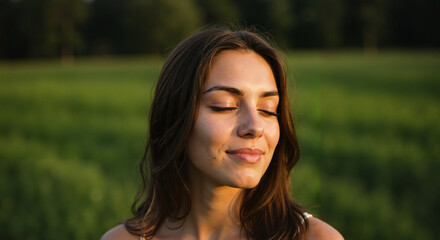 Fototapeta premium Young woman with closed eyes smiling in a green field 