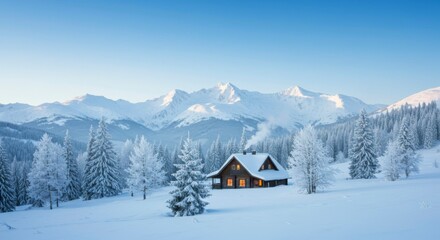 Fototapeta premium Snowy mountain range, winter cabin glows warmly amidst snow-covered evergreens
