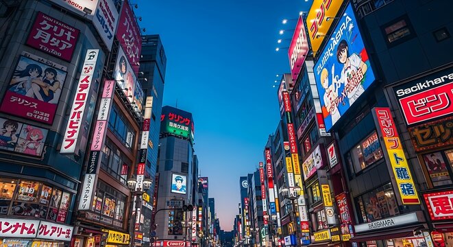 Vibrant japanese street scene at dusk illuminated by colorful neon signs and anime advertisements - Powered by Adobe