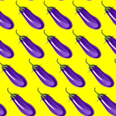 Seamless pattern of ripe bright eggplant on yellow background.Isolated, close-up.eps