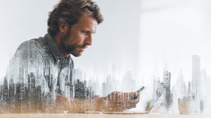 Man using smartphone and laptop with digital data streams surrounding him, smart city skyline in background, space on right for text
