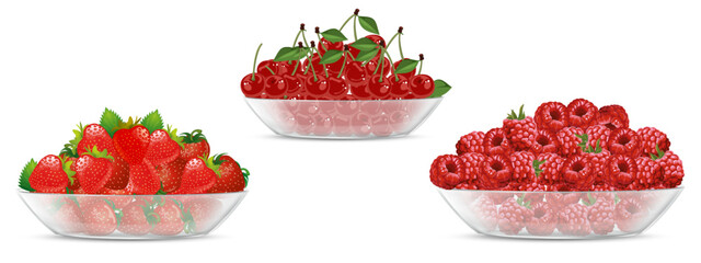 ripe bright cherries, strawberries and raspberries with leaves in transparent glass bowls on a transparent background.Isolated, close-up [???????????????].ai