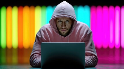 Hooded Man Using Laptop in Front of Vibrant Neon Lights Displaying Cybersecurity
