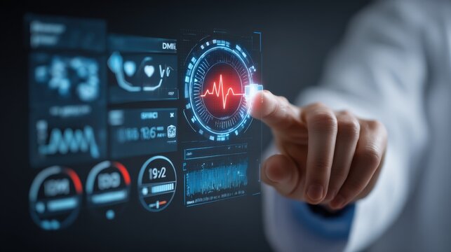 Medical technology concept with futuristic screen showing EMR dashboard, health metrics, and diagnostics, blank area on right