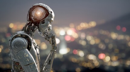 Metallic AI robot with exposed neural interface thinking beside futuristic cityscape, digital matrix behind, right side for overlay text