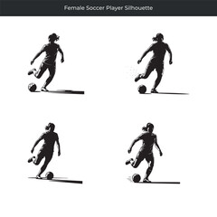 Dynamic black and white silhouette illustrations of a female soccer player kicking the ball