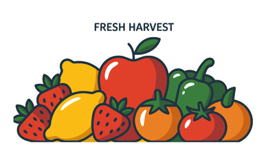 A flat vector-style illustration of a variety of fruits and vegetables, including apples, lemons, pineapples, strawberries, peppers, tomatoes, a set of fruits and vegetables, easily editable.