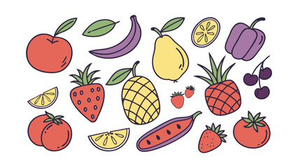 A flat vector-style illustration of a variety of fruits and vegetables, including apples, lemons, pineapples, strawberries, peppers, tomatoes, a set of fruits and vegetables, easily editable.