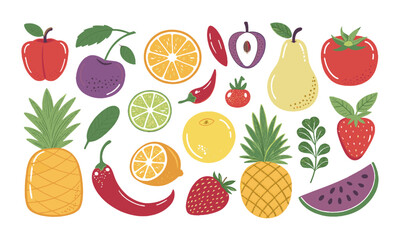 A flat vector-style illustration of a variety of fruits and vegetables, including apples, lemons, pineapples, strawberries, peppers, tomatoes, a set of fruits and vegetables, easily editable.