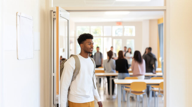 Young african american man entering classroom with students in background