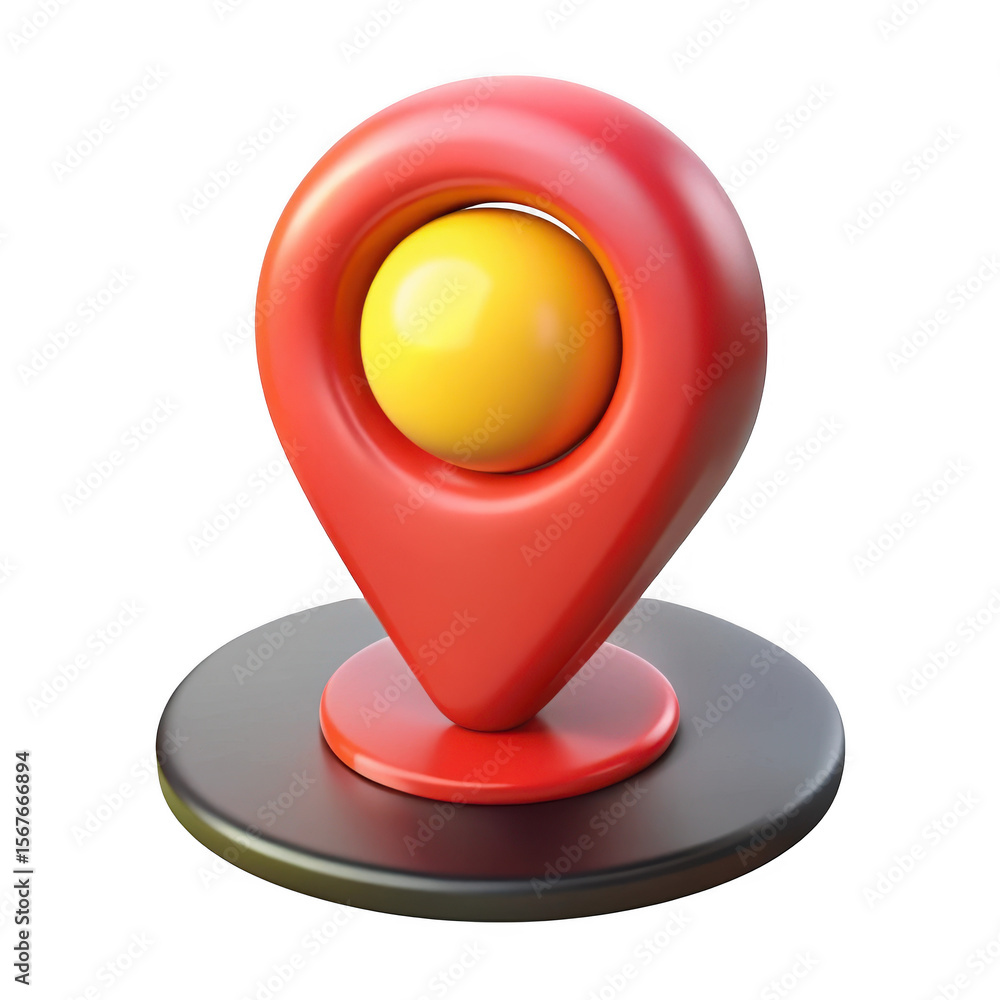 Poster 3d red location pin with yellow sphere isolated on transparent background