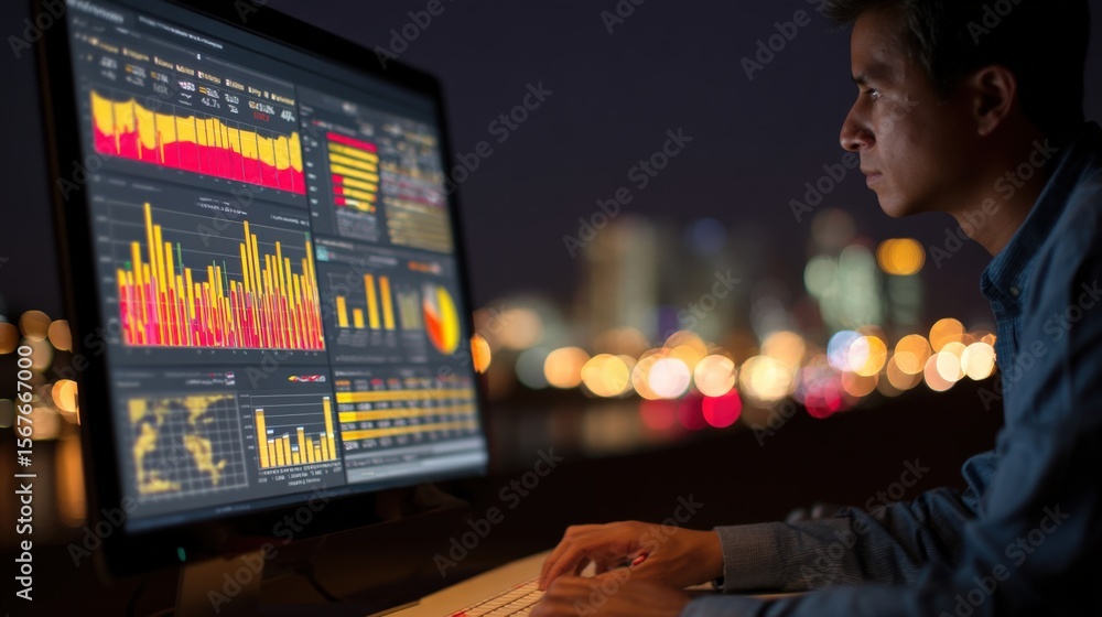 Wall mural professional using real-time sales and marketing dashboards for performance review, kpis displayed o